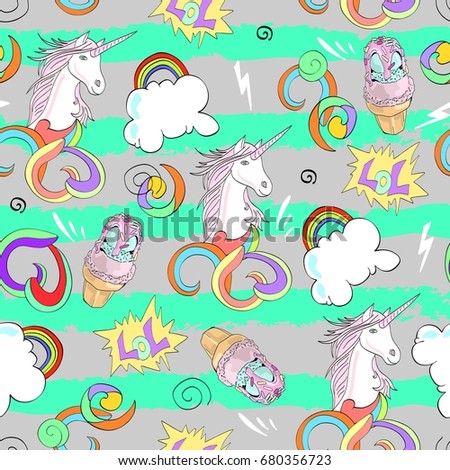 Decorative abstract vector seamless pattern with unicorn, rainbow and ice cream.