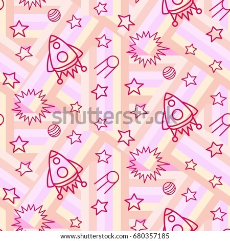 Space,  star,  spaceship,  unidentified flying object,  pattern. Background texture, Vector illustration. Children's drawing in pencil.