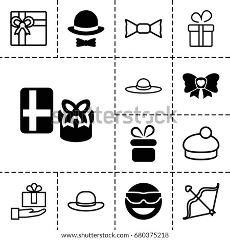 set of 13 filled and outline  icons such as present, emot in sun glasses, gift, woman hat