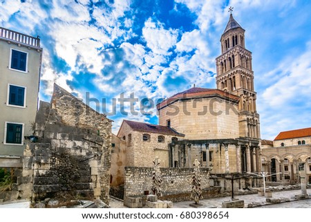 Scenic view at old roman ancient palace in Split town, popular tourist and historic landmark in Croatia. / Selective focus. Royalty-Free Stock Photo #680398654