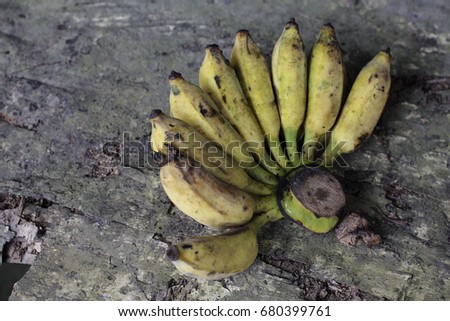 Ripened yellow bananas on old table