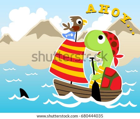 Funny turtle and bird on sailboat, shark fin in water, mountains background, vector cartoon illustration