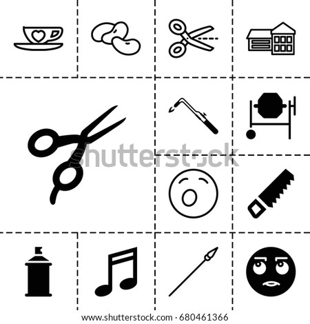 Clipart icon. set of 13 filled and outline clipart icons such as barber scissors, saw, concrete mixer, blowtorch, spray paint, rolling eyes emot, bean, cup with heart, spear