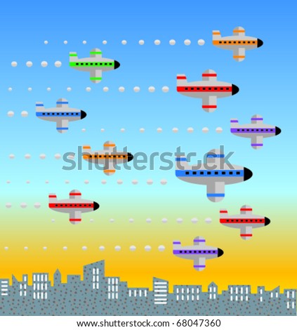 Graphic illustration of ten airplanes flying over a city