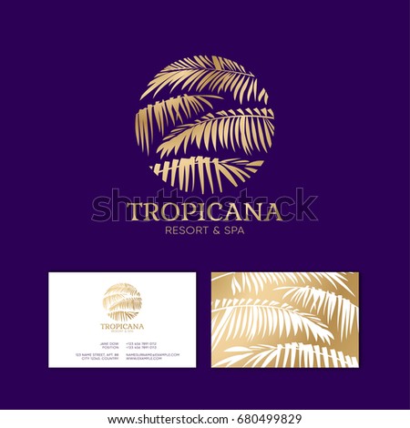 Tropicana logo. Resort and Spa emblem. Tropical cosmetics. Beauty.
Palm leaves in a circle. Royalty-Free Stock Photo #680499829