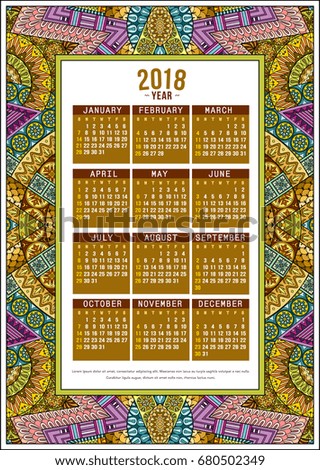 2018 Year Calendar design. Vector abstract ornamental ethnic frame. English, sunday start