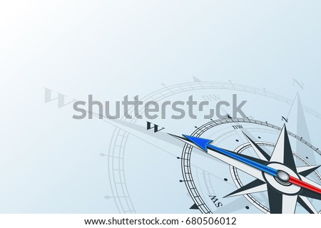 Compass west. Compass with wind rose, the arrow points to the west. Compass on a blue background. Compass illustrations can be used as background. Flat background with copy space place. Travel concept