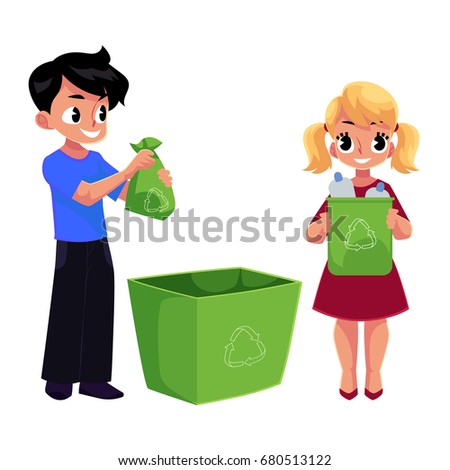 Kids, boy and girl, throw plastic bottles in trash, garbage recycling concept, cartoon vector illustration isolated on white background. Two kids, children with plastic bottles, garbage collection