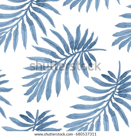 Vector seamless floral pattern from blue palm leaf silhouette with watercolor painted texture on a light grey background. Shabby chic wallpaper, wrapping paper, tropical textile print Royalty-Free Stock Photo #680537311