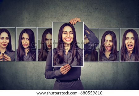Masked woman expressing different emotions  Royalty-Free Stock Photo #680559610