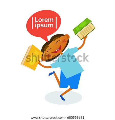 Little Boy Reading Hold Books Happy Smiling Kid Flat Vector Illustration