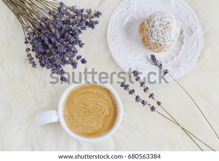 Cup of Coffee Cake Table White Background Lavender Flowers