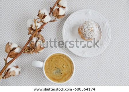 Cup of Coffee with Cake Table White Background Cotton Flower Top View