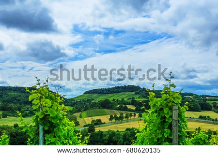 Schemelsberg Weinsberg vineyard and Heilbronn, Baden Wuerttemberg, Germany. Clouds over the vineyard