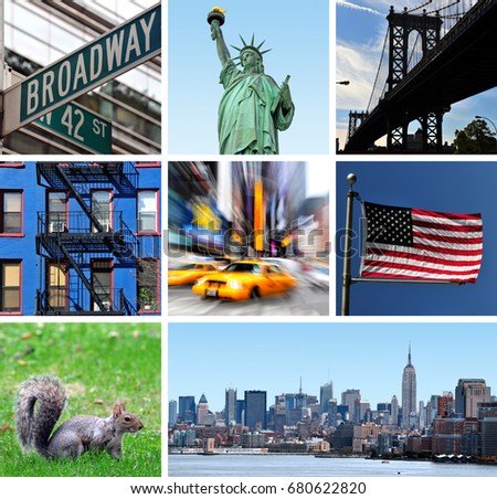 New York City USA photos collage set graphic design post card memories. Travel America postcard with American symbols background.No people. Copy space