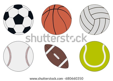Sports Balls icon set - soccer, basketball, volleyball, baseball, american football and tennis. Vector illustration.