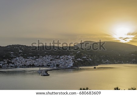Idyllic sunset over Skopelos island, Greece. Located between Skiathos and Alonissos, Skopelos is a beautiful island that attracts mostly families and romantic couples.