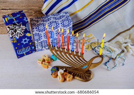 jewish holiday Hanukkah with menorah over wooden table Hanukkah candles