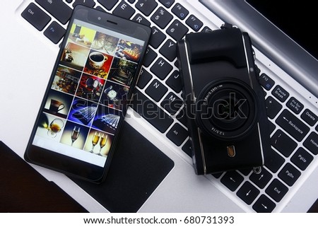 Photo of a smartphone,digital mirrorless camera and laptop computer