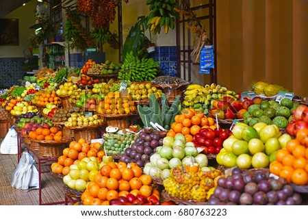 Open air market. Madeira's fruits. Royalty-Free Stock Photo #680763223