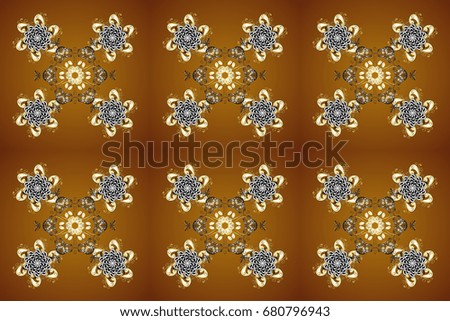 Raster seamless pattern on brown background. Winter background with snowflakes and dots.
