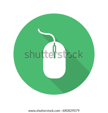 Computer mouse flat design long shadow glyph icon. Vector silhouette illustration
