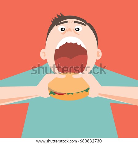 Fat man open mouth for eat hamburger Royalty-Free Stock Photo #680832730