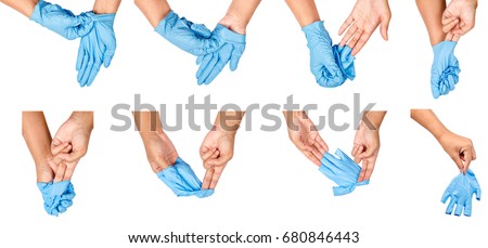 Step of hand throwing away blue disposable gloves medical, Isolated on white background. Infection control concept. Royalty-Free Stock Photo #680846443