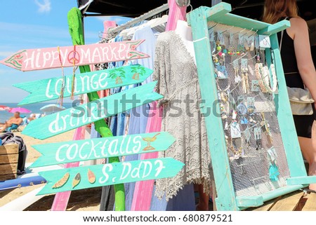 Hippie market on the beach with accessories.