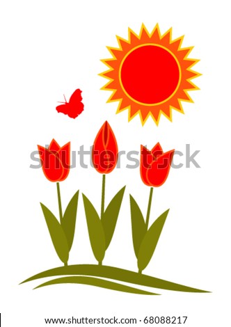 vector tulips, butterfly and sun on white background