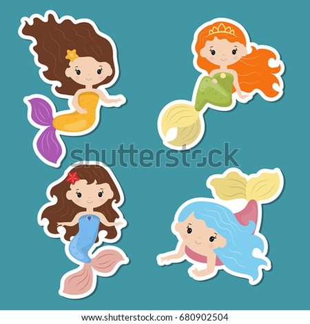 Set of cute girl mermaids stickers. Mermaids made in cartoon style.