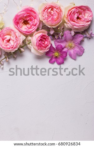 Fresh pink  roses and violet summer clematis flowers on grey background. Vertical image.  Place for text. Flat lay. Mock up.