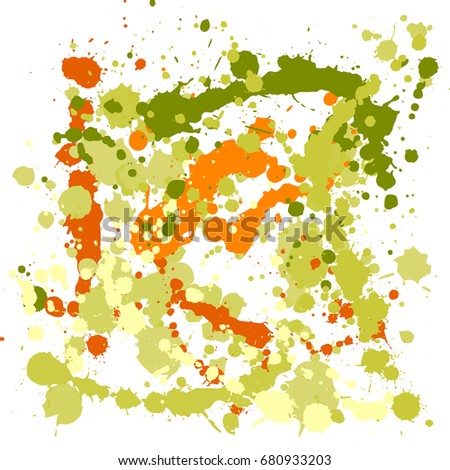 Green, orange and brown paint splashes vector. Drops and stains background. Hand painted spots on white. Paint splash or splat, splattered ink, dirty blots artistic elements.