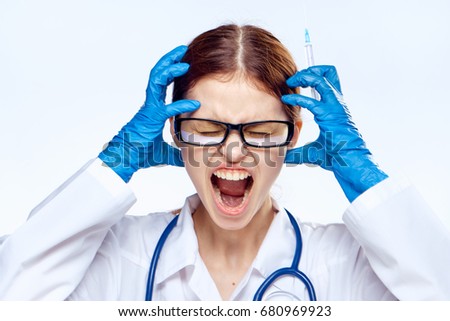 Doctor screaming, stethoscope, medicine                               