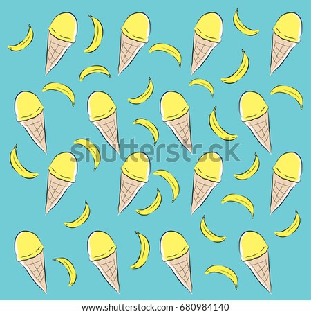 Yellow cone ice cream and bananas vector pattern illustration
flat clip art. hand-drawn,  colorful doodle