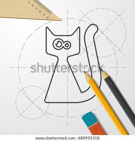 Vector flat halloween icon. Simple illustration. blueprint cat on engineer and architect background 