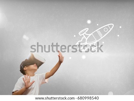 Digital composite of Boy in VR headset touching space illustrations against grey background with flares
