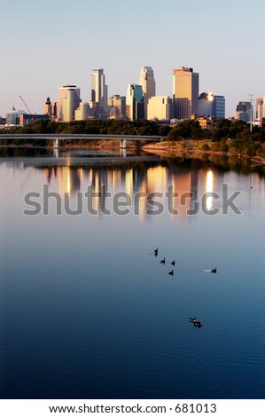 Minneapolis skyline reflected in the Mississippi River.