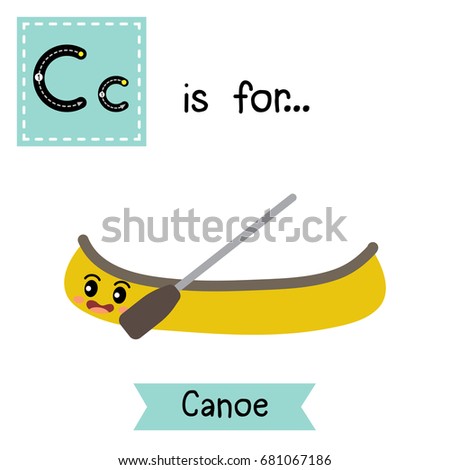 Letter C cute children colorful transportations alphabet tracing flashcard of Canoe for kids learning English vocabulary Vector Illustration.