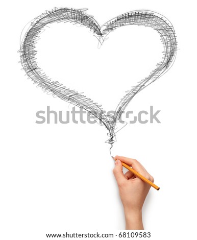 heart and hand with pencil isolated on white background