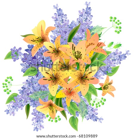 Bunch of yellow lilies and lilac. Raster version. Vector version is in my gallery.