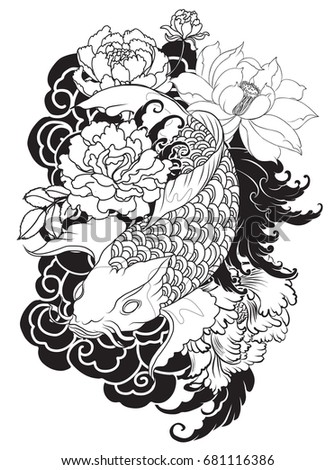 hand drawn koi fish with flower tattoo for Arm.doodle Koi carp with Water splash,lotus and peony flower.Japanese tattoo and illustration for coloring book.Asian traditional tattoo design.