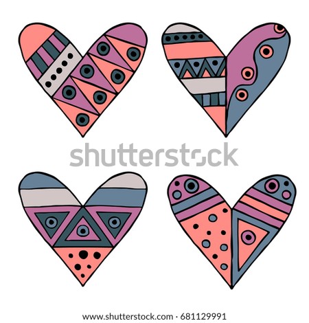 Set of hand drawn decorative stylized childish hearts. Doodle style, tribal graphic illustration. Ornamental cute hand drawing in blue, pink colors Series of doodle cartoon sketch illustrations