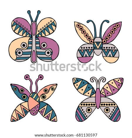 Set of hand drawn decorative stylized childish butterflies. Doodle style, graphic illustration. Ornamental cute hand drawing in pink, blue colors. Series of doodle, cartoon, sketch
