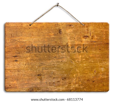 empty wooden signboard hanging with string and nail, blank wood notice board, isolated, clipping path