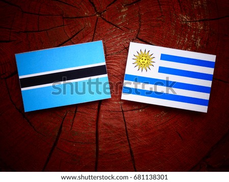Botswana flag with Uruguaian flag on a tree stump isolated