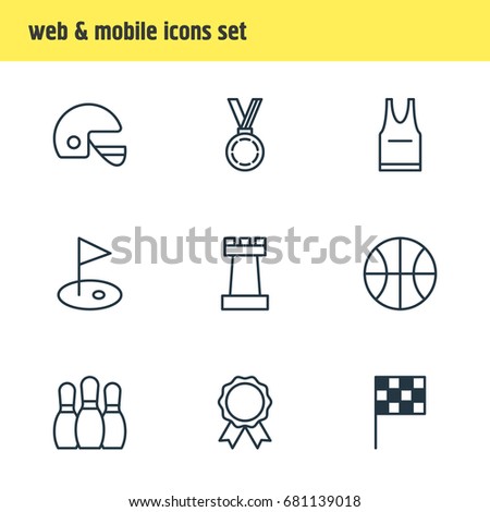 Vector Illustration Of 9 Sport Icons. Editable Pack Of Helmet, T-Shirt, Award And Other Elements.