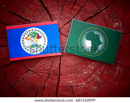 Belize flag with African Union flag on a tree stump isolated