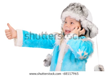 Girl in winter clothes speaks by phone and shows sign OK over white background