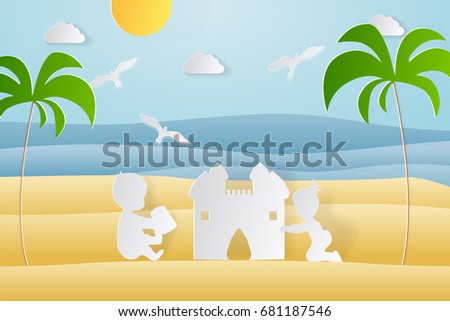 Design summer paper art style. Illustration of nature landscape with people. Vector decoration concept.